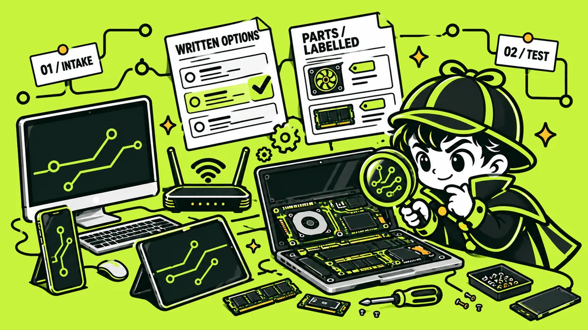 Byte Sherlock workbench with laptop repair tools and devices