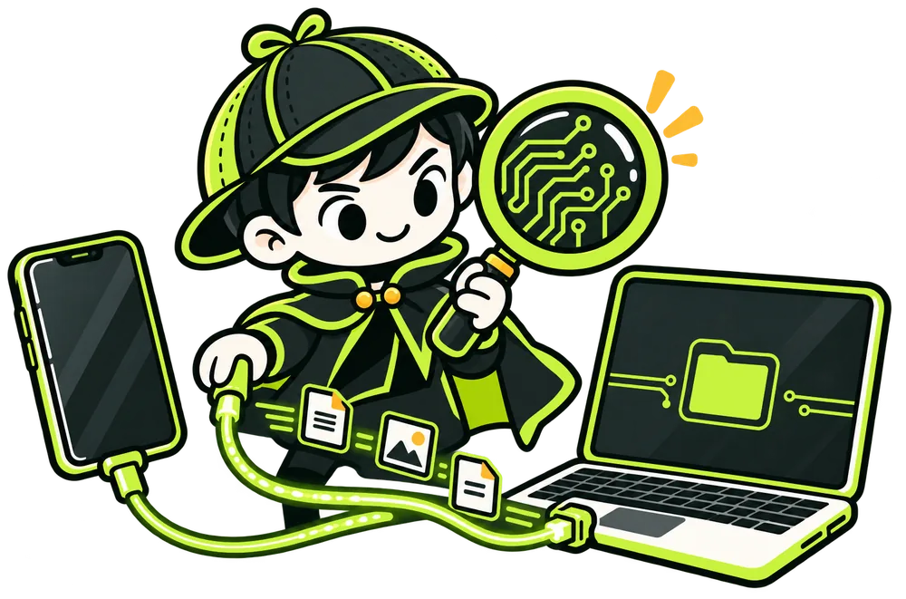 Byte Sherlock mascot transferring phone data to a laptop