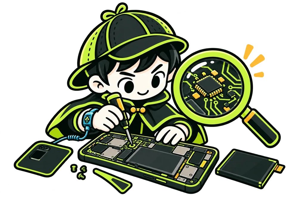 Byte Sherlock mascot repairing a smartphone